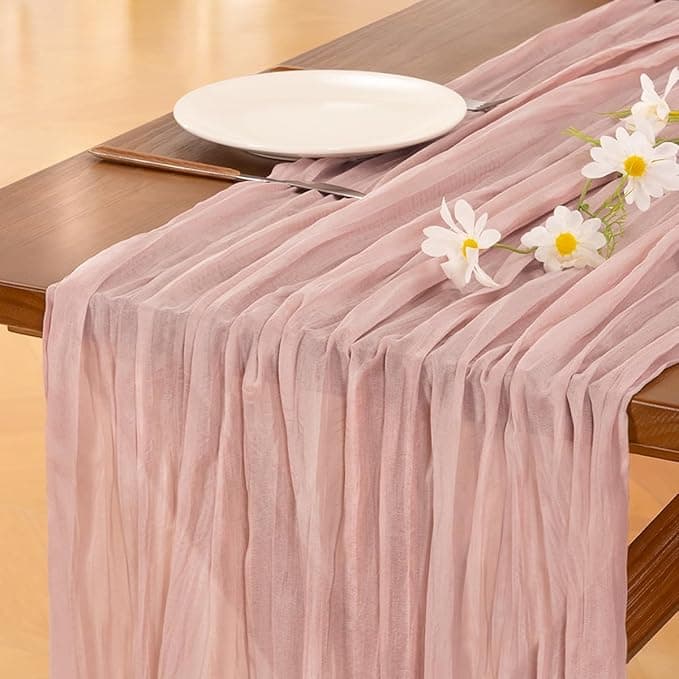 Socomi 6pcs Pink Cheesecloth Table Runner Valentine's Day Boho Rustic Gauze Dusty Pink Farmhouse 120 inch 10FT Cheese Cloth Runner for Wedding Party Baby Shower Birthday Home Decor - Image 1