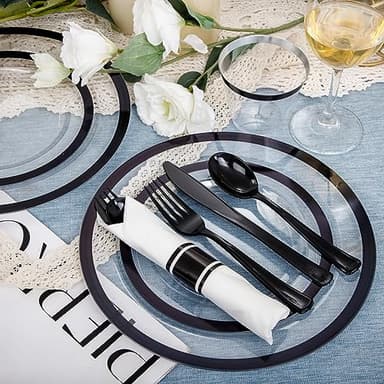 I00000 350 Pcs Clear and Black Plastic Plates,Black Dinnerware Set, Include 50 Dinner and 50 Dessert Plates,50 Plastic Cups,50 Per Rolled Napkins with Cutlery for Party,Wedding,Halloween - Image 4