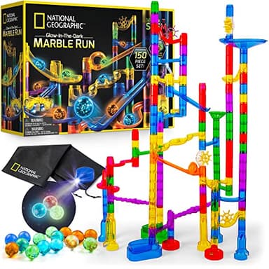 NATIONAL GEOGRAPHIC Glowing Marble Run – 150 Piece Construction Set with 30 Glow in The Dark Glass Marbles & Storage Bag, STEM Gifts for Boys and Girls, Building Project Toy (Amazon Exclusive) - Image 1
