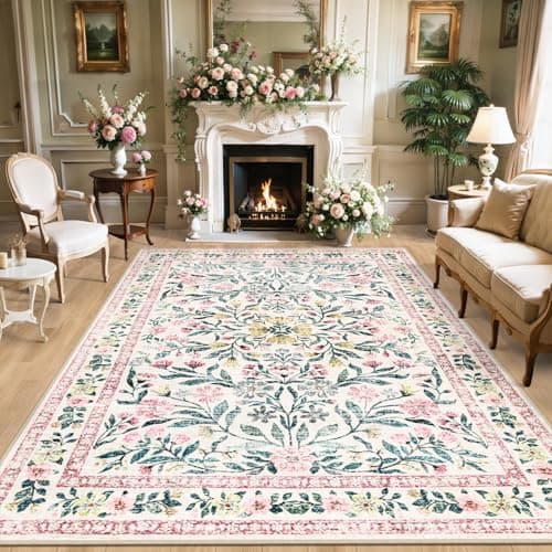 Area Rugs 9x12 Living Room: Floral Washable Rug Vintage Large Soft Boho Non-Slip Carpet Indoor Stain Resistant Low Pile Carpets for Bedroom Dining Room Farmhouse Nursery Hallway Home Office Pink Green - Image 1
