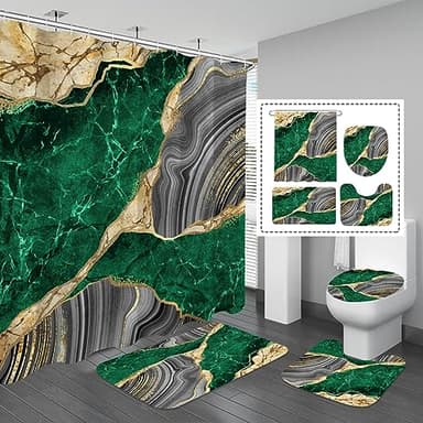 Gibelle 4 Pcs Marble Shower Curtain Set with Non-Slip Rugs, Toilet Lid Cover and Bath Mat, Luxury Emerald Green Bathroom Decor Set with Shower Curtain and Rugs and Accessories - Image 1