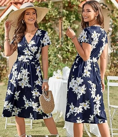 OUGES Womens Summer Dress Casual Dresses for Women Short Sleeve V-Neck Pattern Knee Length Dress with Pockets Spring Dresses 2025(Floral01,M) - Image 2