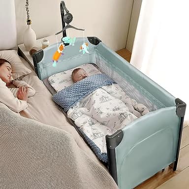 JOYMOR 3 in 1 Baby Bedside Bassinet, Bedside Sleeper with Mattress and Sheet, Convert to Bassinet, Playpen, Foldable Travel Baby Bed, with Wheels, Brake, Carry Bag - Image 1