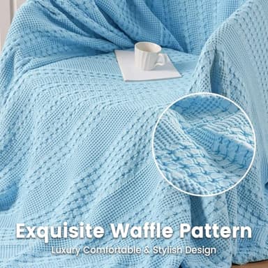 David's Home 100% Cotton Waffle Blanket Queen Size, Lightweight Breathable Soft Cooling Blanket for All Seasons, Gift for Women, Aesthetics Home Decor for Couch Sofa Bedding,Sky Blue,90x90 - Image 3