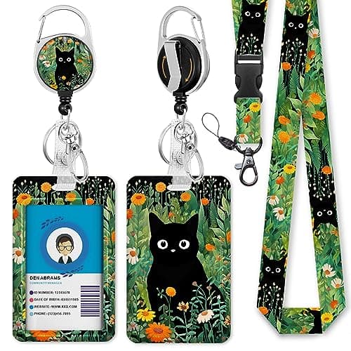Black Cat Flower Lanyards for Id Badges, Id Badge Holder Heavy Duty and Retractable Keychain, Cute Badge Reel with 360 Degrees Rotate Carabiner Clip, Women Student Daily Office - Image 1