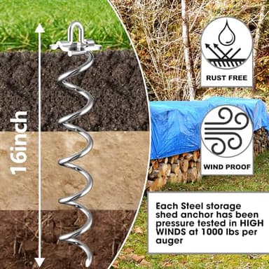 Eurmax USA 4-Pc Pack Spiral Stakes Heavy Duty Anchor Kit Ice Screw Anchor for Trampoline, Tents, tarps, Canopies,car Ports,Dog tie Out and etc Bonus Tie Down Straps 4-Pc Pack (Silver) - Image 3