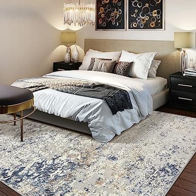 Area Rug Living Room Rugs - 5x7 Abstract Large Soft Indoor Washable Rug Neutral Modern Low Pile Carpet for Bedroom Dining Room Farmhouse Home Office - Beige Blue - Image 3