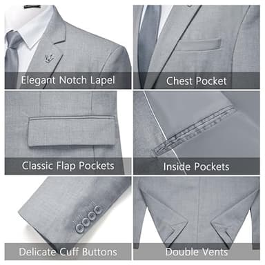 MAGE MALE Mens 2 Piece Suit Slim Fit Solid Wedding Prom Tuxedo Suit with One Button Notch Lapel Blazer and Pants Light Grey - Image 3
