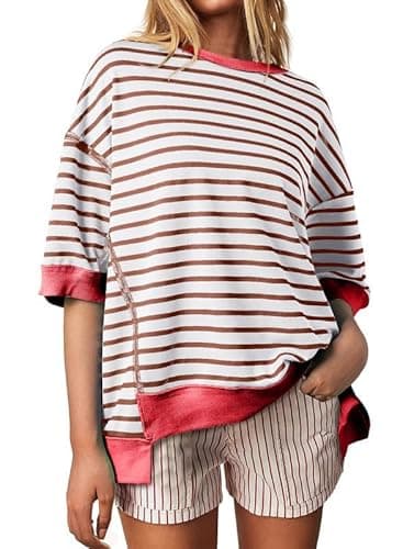 SHEWIN Summer Tops for Women Trendy Short Sleeve Shirts Crewneck Sweatshirt Loose Ladies Top and Blouses Dressy Casual Womens Fall Top Brown Stripe XXL - Image 4