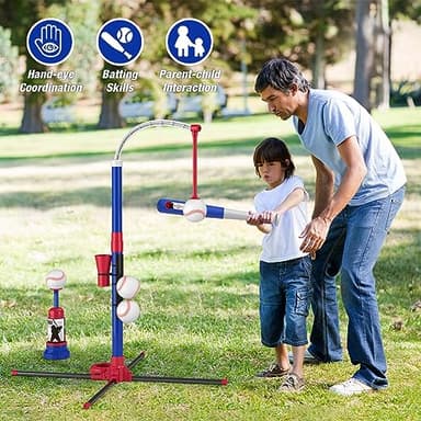 HYES 3-in-1 Baseball Set for Kids 3-5 - Tee Ball Stand, Hanging Tee, Ball Launcher and 6 Softballs - Adjustable Height, Indoor/Outdoor Sport Gifts for Boys Girls, Blue - Image 5