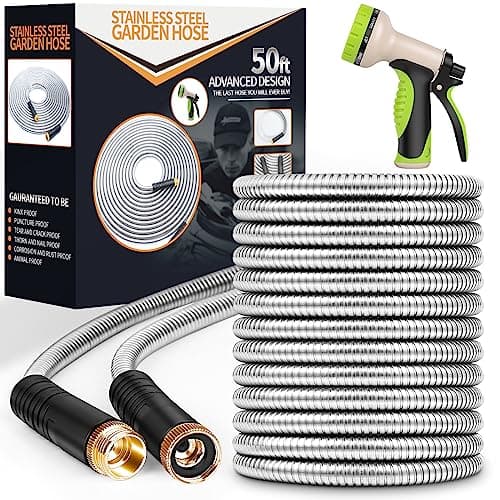 Unywarse Garden Hose 50 ft, Stainless Steel Water Hose with 10 Function Nozzle Flexible, Heavy Duty, Lightweight, No-Kink, Pet Proof, Puncture Proof Hose Metal for Yard,Outdoor - Image 1