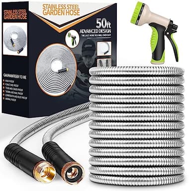 Unywarse Garden Hose 50 ft, Stainless Steel Water Hose with 10 Function Nozzle Flexible, Heavy Duty, Lightweight, No-Kink, Pet Proof, Puncture Proof Hose Metal for Yard,Outdoor - Image 1