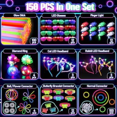 150PCS Glow in the Dark Party Supplies for Kids Adults, Light Up Party Favors with Light Up Glasses, Headband, Rings, 100 Glow Sticks Bulk Party Pack DIY Glow Necklaces Bracelets, Neon Party Supplies - Image 2