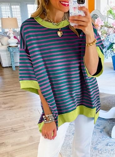 SHEWIN Spring Tops for Women Trendy Short Sleeve Shirts Crewneck Sweatshirt Loose Ladies Top and Blouses Dressy Casual Womens Summer Tshirts Purple Stripe XXL - Image 2