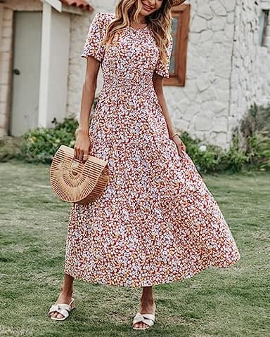 PRETTYGARDEN Women's Summer Casual Short Flutter Sleeve Round Neck Smocked Waist Tiered Boho Floral Flowy Maxi Dress(Floral and Leave Brown White,XX-Large) - Image 6
