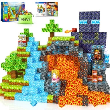 IGIVI Magnetic Blocks - Build Mine Magnet World Lava Valley Set, 1" Magnetic Cube Building Toys for Kids Ages 3+, Montessori Sensory Toys for Toddlers, Creative Game Themed Toy Gifts for Boys & Girls - Image 1
