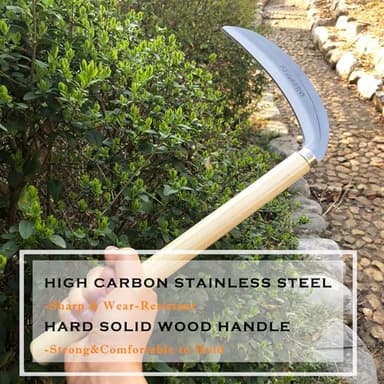 SHANFEEK Grass Sickle Japanese Weeding Hoe Garden Hand Tool Weeding Tools for Garden High-Strength Steel with Solid Wood Handle (Beige) - Image 3
