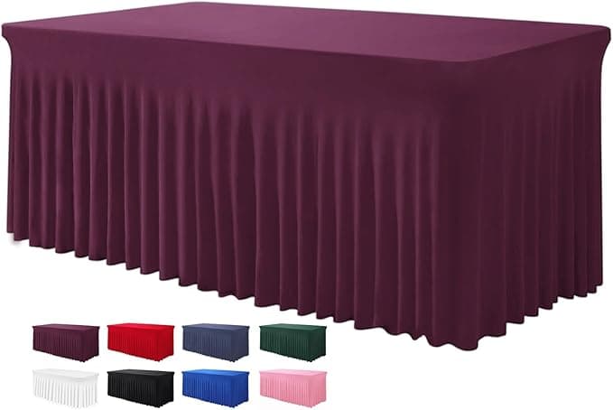 Table Skirts for Rectangle Tables 8ft - One-Piece Burgundy Tablecloths and Skirt, Wrinkle Resistant Ruffles Elastic Cover for Banquets, Weddings, Events, Parties - Image 1