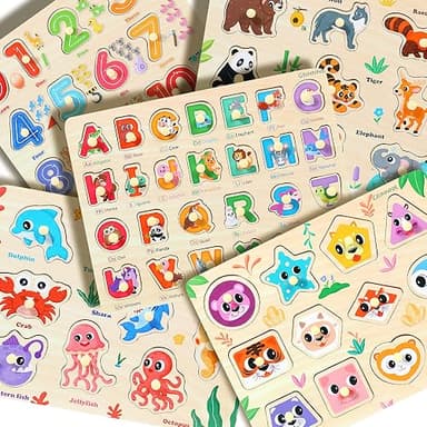GRINNNIE Wooden Puzzles for Toddlers 3 4 5 Years Old, Montessori Toddler Toys 5PCS Peg Puzzles with Knob - Number, Alphabet, Shape, and Animal, Great Christmas Birthday Gifts for Boys Girls - Image 7