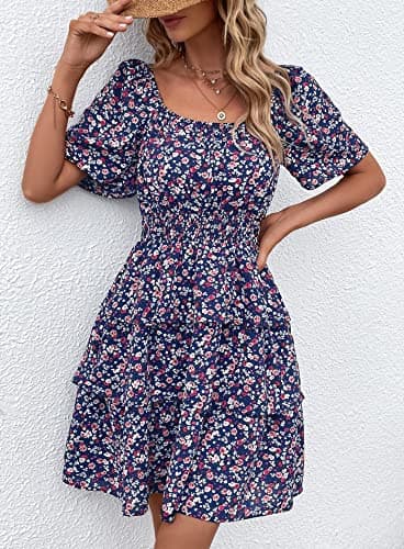 PRETTYGARDEN Women's 2025 Floral Summer Short Dress Square Neck Short Sleeve Tiered Ruffle Boho Swing Dresses (Blue Purple Floral,Medium) - Image 3