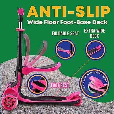 3 Wheel Scooter for Kids with Foldable Seat, Adjustable Handlebar Height, Lean-to-Steer Ride On Toy for Kids Ages 2+, Light-Up LED Wheels, Wide Anti Slip Deck, Indoor & Outdoor Use, Pink - Image 4