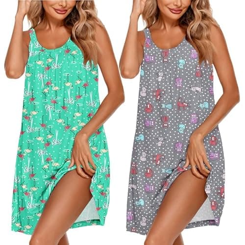 Ekouaer 2 Pack Nightgowns for Women Sleeveless Sleepwear Wide Strap Sleep Shirt Pleated Tank Sleepshirt Flamingo and Cat L - Image 1