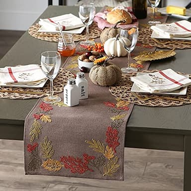 DII Fall Table Décor Embroidered Tabletop for Thanksgiving Dining, Table Runner, 14x108, Shimmering Leaves - Image 2