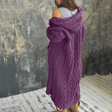 NIUBIA Womens Casual Long Sleeve Open Cardigan Warm Hooded Outwear Coat Cable Knit Long Cardigan Sweaters with Pockets Purple - Image 3