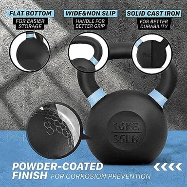 Yes4All Powder Coated Kettlebell, 35 lb Cast Iron Core Kettlebells with Non-Slip Handle & Flat Bottom for Conditioning, Heavy Duty for Strength Training - Single, Light Blue - Image 3