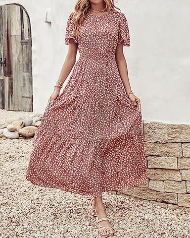 PRETTYGARDEN Women's Summer Casual Short Flutter Sleeve Round Neck Smocked Waist Tiered Boho Floral Flowy Maxi Dress(Floral Red Brown,X-Large) - Image 6