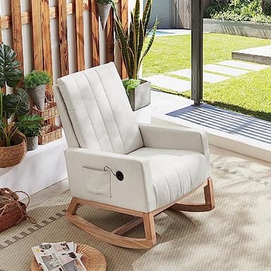 VECELO Rocking Chair Nursery Upholstered Modern Glider Rocker with Padded Seat High Backrest USB Port Comfy Armchair and Side Pocket for Living Room Bedroom Balcony Offices, White - Image 3