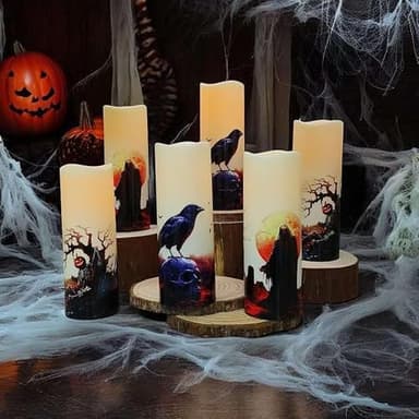 Halloween Flameless LED Candles, Set of 6, Gothic Design with Remote Control, 6 in x 2.15 in, 2AA Battery Operated 400+ Hours, Timer Function, Halloween Decorations in Fall, Indoor/Outdoor Ues. - Image 3