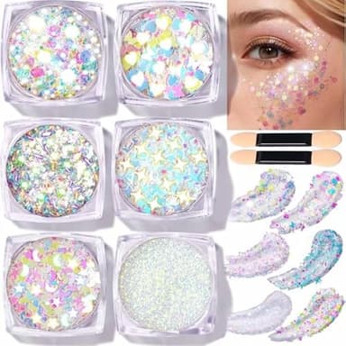 Teenitor Face Glitter Body Glitter, Clear White Body Glitter Gel, Hair Glitter Gel, 6 Shapes Rave Glitter, Mermaid Sequins Makeup Glitters Face Paint, Chunky Sparkling Glitter Gel for Women - Image 1