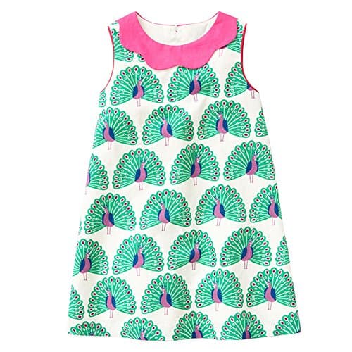HILEELANG Little Girls Cotton Dress Sleeveless Casual Summer Sundress Flower Printed Jumper Skirt,4T/(4-5YRS)110cm,7#greenpeacock