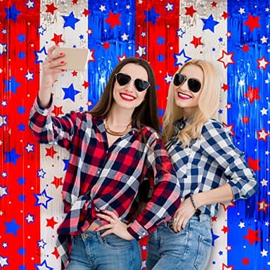 LOLStar 4th of July decorations, 3 Pack Red White Blue Decorations, 3.3x6.6ft Star Pattern Tinsel Foil Fringe Curtains, Photo Booth Props Backdrop for Memorial Day, Patriotic, USA Party Decor Supplies - Image 4