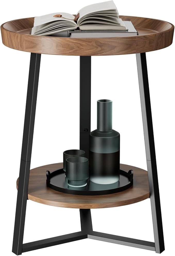 Gadroad Round End Table with Storage Shelf, 2 Tier Farmhouse Side Table Nightstand for Living Room, Bedroom, Wood Tabletop & Black Metal Frame, Brown 15.7 * 15.7 * 23.0inches - Image 1