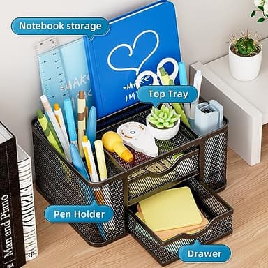 Marbrasse Mesh Desk Organizer, Pen Organizer with 2 Drawer, Multi-Functional Pencil Holder, Desk Organizers and Accessories with 5 Compartments + Drawer for Office Art Supplies (Black) - Image 2
