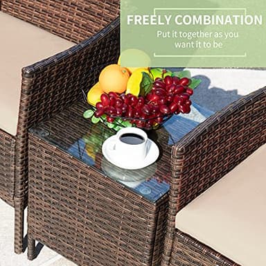 Greesum 3 Pieces Patio Furniture Sets Outdoor PE Rattan Wicker Chairs with Soft Cushion and Glass Coffee Table for Garden Backyard Porch Poolside, Brown and Beige - Image 6