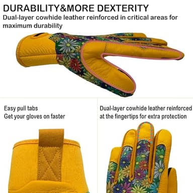 MSUPSAV Women Gardening Gloves with Touchscreen,Garden Glove,Cowhide Leather Work Glove for Women,Gardening Gfits,Colorful flowers,Large - Image 3