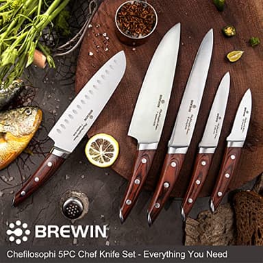Brewin CHEFILOSOPHI Japanese Chef Knife Set 5 PCS with Elegant Red Pakkawood Handle Ergonomic Design,Professional Ultra Sharp Kitchen Knives for Cooking High Carbon Stainless Steel - Image 3