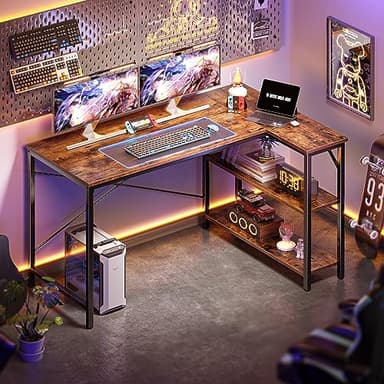 Huuger 47 Inches L Shaped Desk, Computer Desk with Reversible Storage Shelves, for Gaming Corner Home Office Writing Study, Metal Frame, Rustic Brown - Image 6