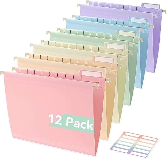 Plastic Hanging File Folders Letter Size, 12 Pack Pastel Hanging Folders, with Insertable 1/5-Cut Tabs for Filing Cabinets - Image 1