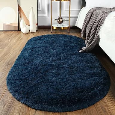 Softlife Fluffy Rugs for Bedroom, Shag Cute Area Rug for Girls/Boys and Kids Baby Room Home Decor, 2.6 x 5.3 Feet Oval Indoor Carpet for Nursery Dorm Living Room, Navy Blue - Image 1