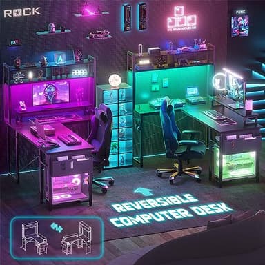Aheaplus Small L Shaped Gaming Desk with LED Lights & Power Outlets, Reversible L-Shaped Computer Desk with Monitor Stand & Storage Shelf, Corner Desks Home Office Desk with Storage Bag, Black - Image 6