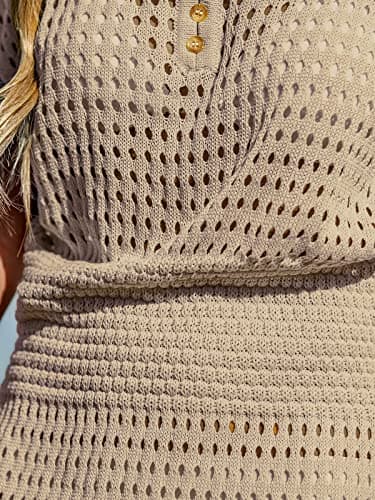 CUPSHE Women Crochet Swim Cover Up Short Sleeve V Neck Bathing Suit Beach Dress Summer Swimwear Coverups Sand, M - Image 5