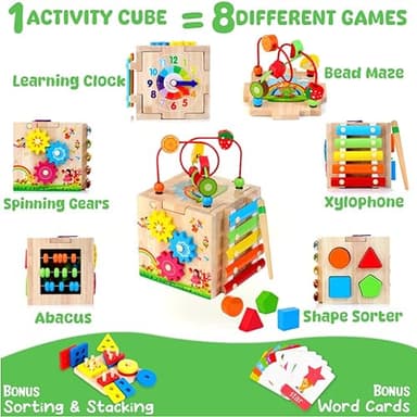 Batlofty Wooden Activity Cube, 8-in-1 Montessori Toys for 1 2 Year Old Girl Boy Toddler| Sensory Educational Learning Toys 12-18 Months | 1st Birthday Gifts, Bead Maze | Bonus Sorting & Stacking Board - Image 3