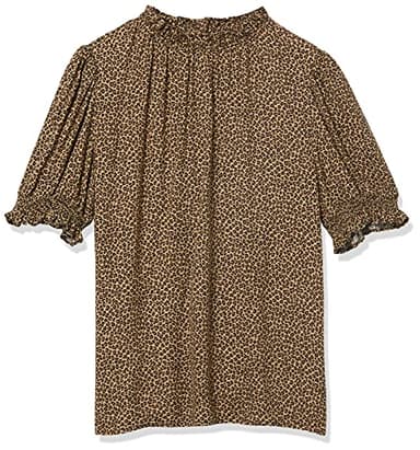 Amazon Essentials Women's Fluid Twill Short Puff Sleeve Smock Detail Shirt, Camel Micro Cheetah, Medium - Image 5