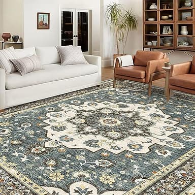 TOPRUUG Washable Oriental Area Rug - 10x14 Rugs for Living Room Soft Carpet for Bedroom Waterproof Floral Distressed Indoor Stain Resistant Non-Shedding Floor Carpets (Blue, 10X14) - Image 2