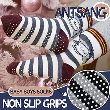 ANTSANG Baby Boys Grips Socks Kids Toddlers Infants Non Slip/Anti Skid Crew Cotton Socks 12 Pairs (Brown Striped(12 Pairs),5-8 Y) - Image 3