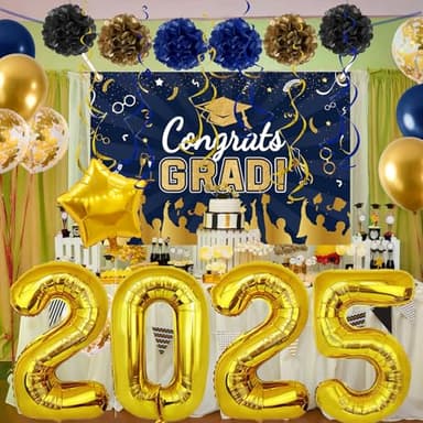 Graduation Decorations Class of 2025, Navy Blue Gold Graduation Decor Set with Congrats Grad Banner, Foil Balloons, Paper Pompoms, Hanging Swirls for 2025 High School & College Grad Party Supplies - Image 8